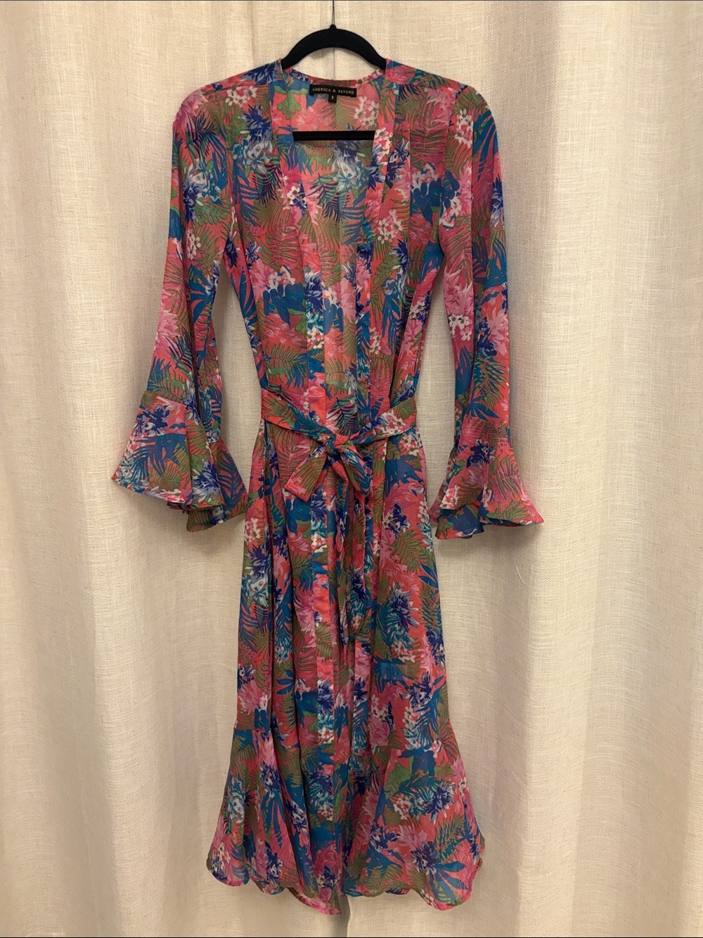 Tropical Floral Wrap Dress with Tie Waist - Pink Multicolor